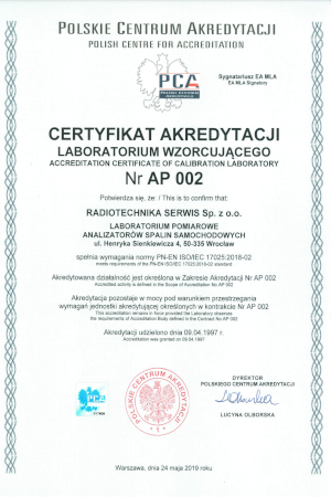 Certyfikat akredytacji PCA